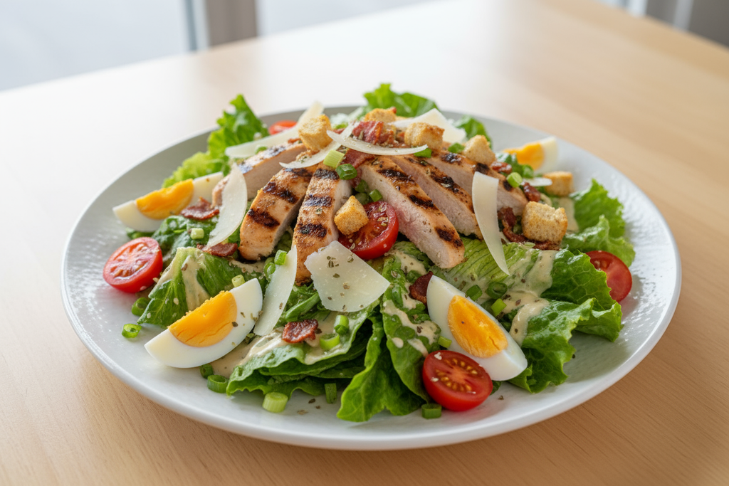 ENSALADA CÉSAR CON POLLO con  lechuga romana, pechuga de pollo en lamina fina, tomates cherrie, cuarto de huevos duros, orégano, tocido de bacon, picatostes, queso Parmigiano y cebolla tierna. casera