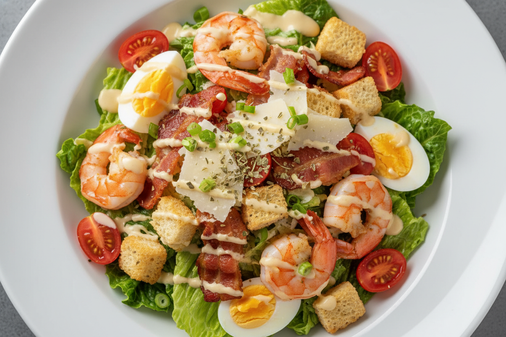 Corazón de lechuga romana, gambas, tomates cherries, huevos duros, orégano, bacon, picatostes, queso Parmigiano y cebolla tierna.
Salsa: aceite de colza, mayonesa, yogur griego, zumo de limón, salsa Worcestershire, ajo, Parmigiano, mostaza, anchoa, sal y pimienta.