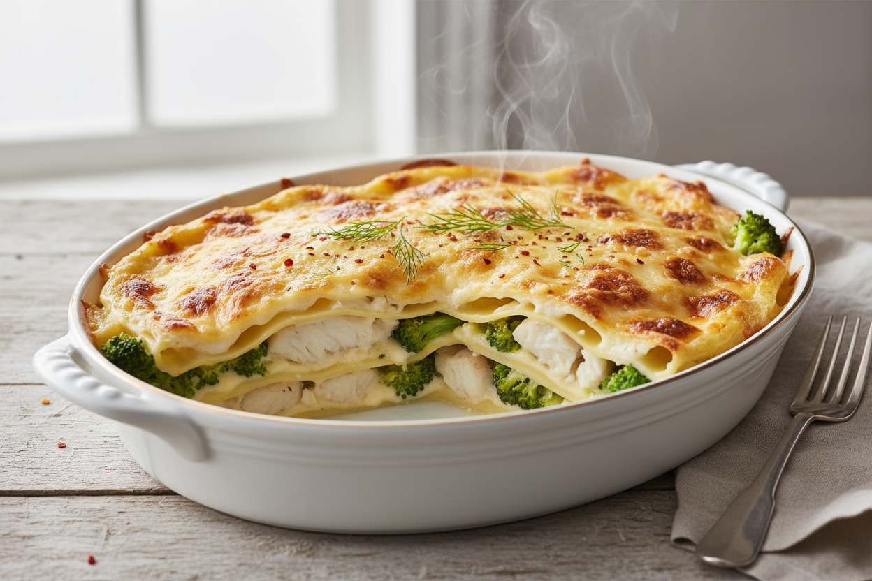 •	LASAÑA DE MARISCOS – ABADEJO, BRÓCOLI Y BECHAMEL CREMOSA