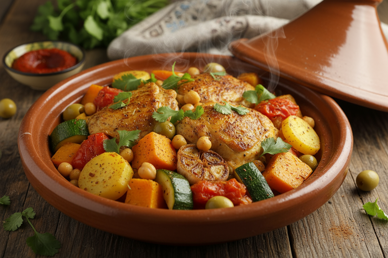 Muslo de pollo deshuesado, tomate triturado, calabaza, zanahoria, calabacín, patata, garbanzos cocidos (garbanzos, agua, sal), cebolla, ajo, aceitunas verdes deshuesadas, aceite de oliva virgen extra, ras el hanout, pimentón, cilantro, comino, cúrcuma, jengibre, canela, sal, pimienta negra, agua.