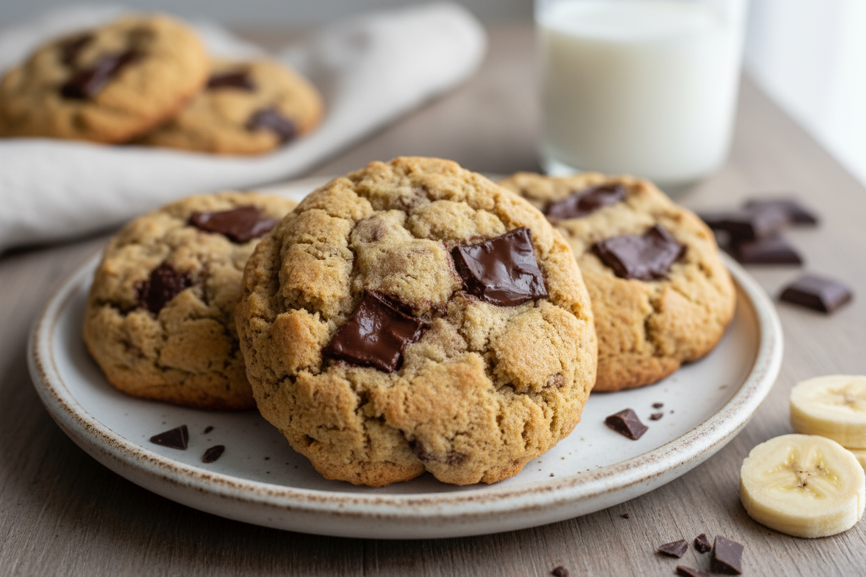  BANANA CHOCO COOKIES x 3  Plátano, harina de trigo, chocolate negro (pasta de cacao, azúcar, manteca de cacao), azúcar, aceite de coco,( cada cookies mas o menos 60 gr)