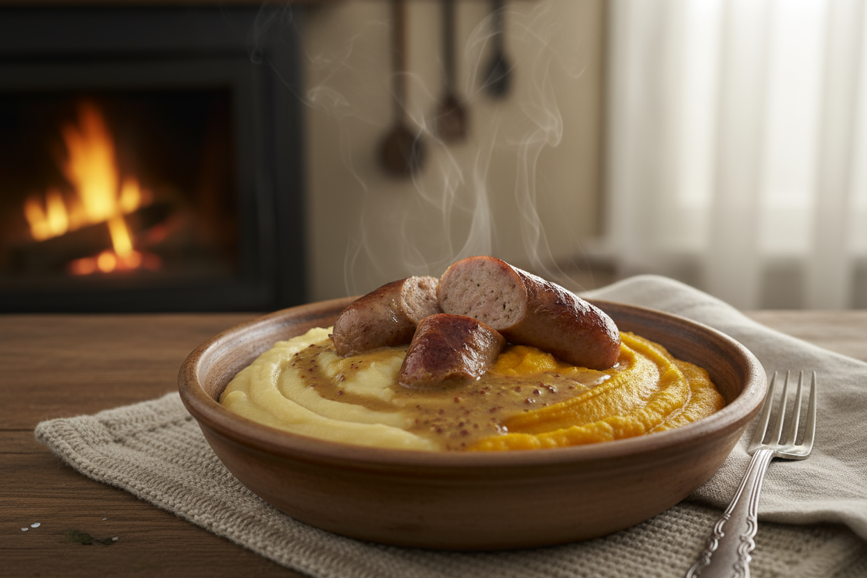 •	DÚO DE PURÉ CREMOSO – Patata y calabaza con salchicha de ave y jugo de mostaza CONFORT FOOD