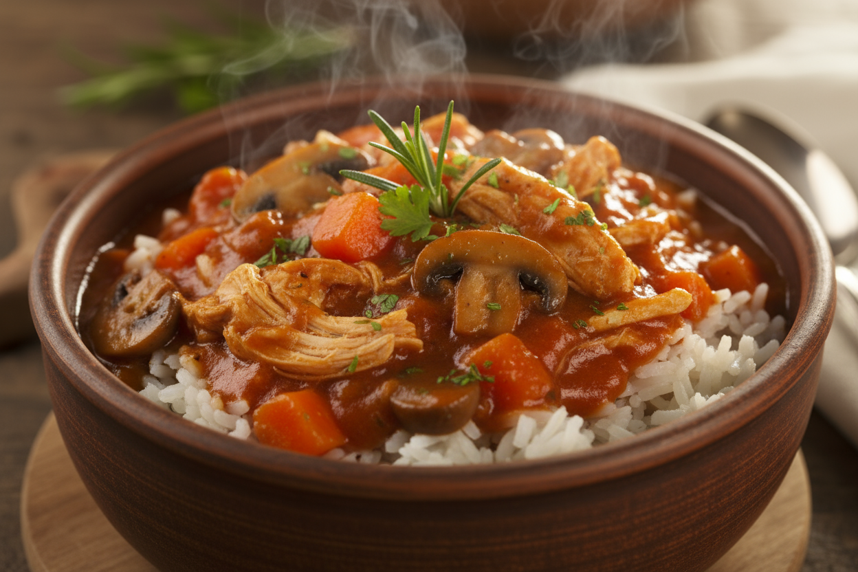 estofado de pollo con arroz, zanahoria champiniones en salsa de tomate confort food