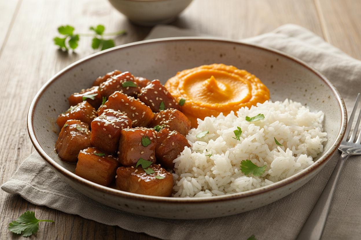 sauté de porc au caramel, purée de carottes et riz basmati, confort food 