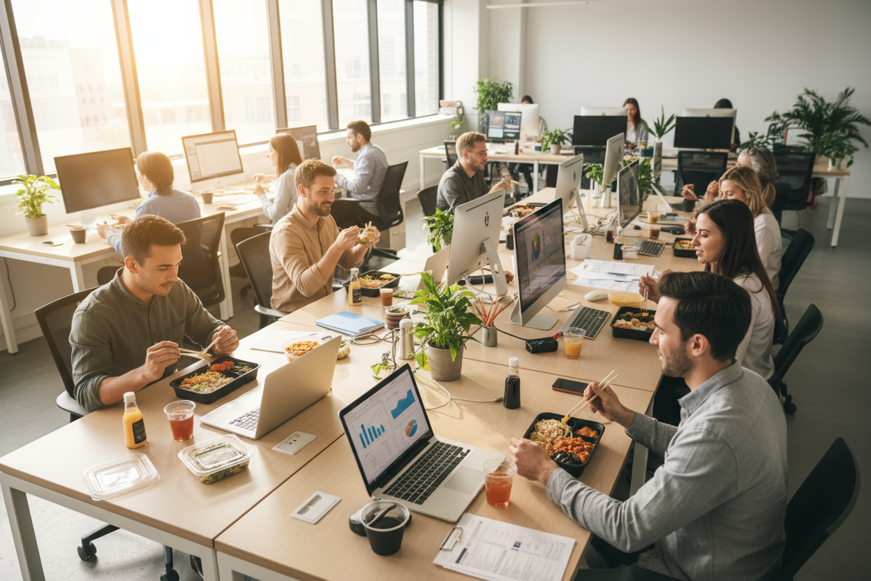 travailleur dans des bureau en train de manger des plats preparés